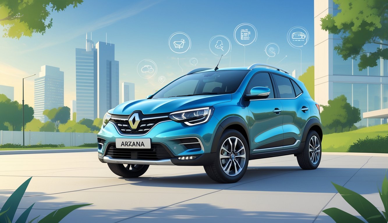 Renault Arkana parkiran u modernom gradskom okruženju s okolnim zgradama i zelenilom.
