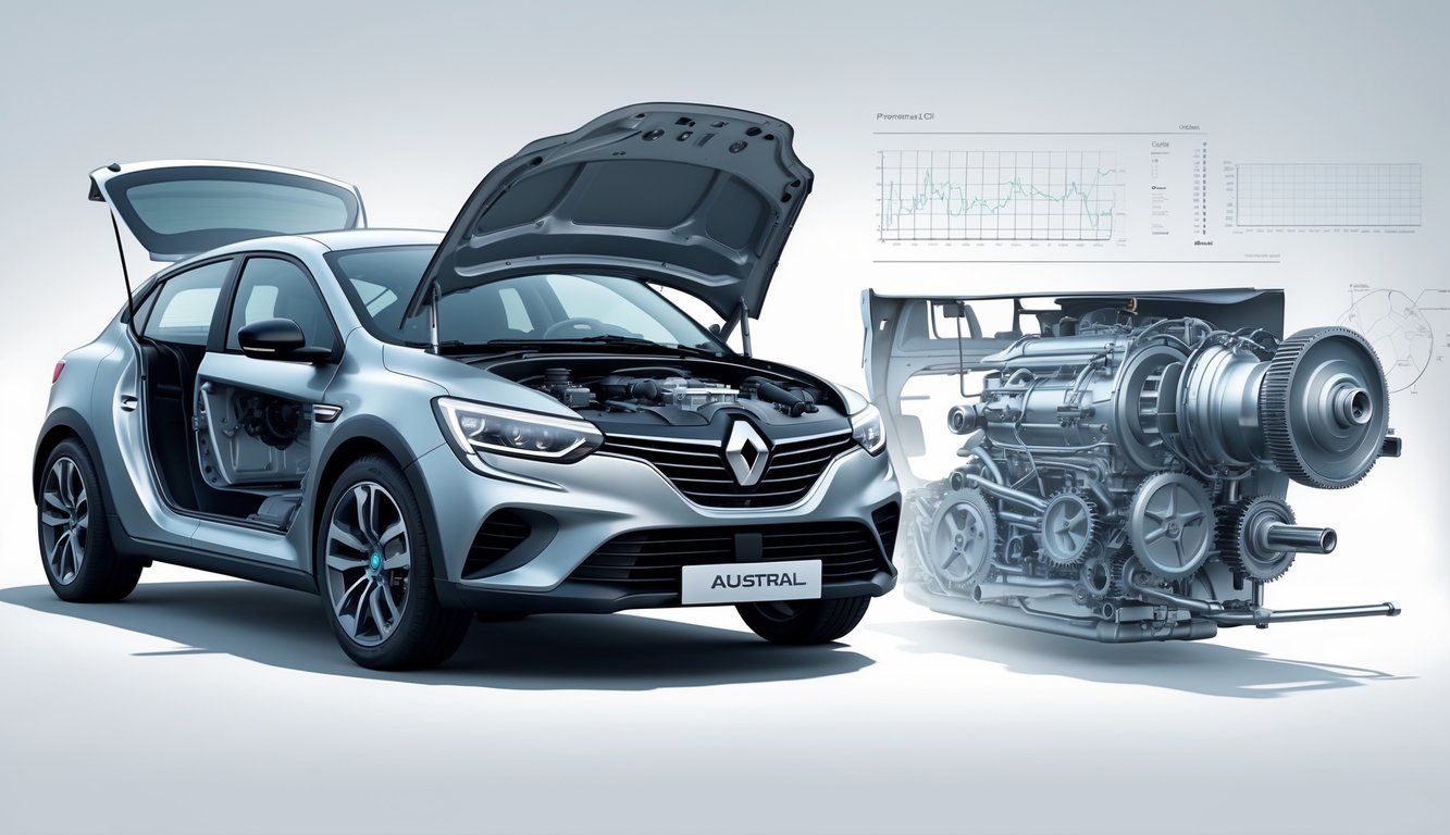 Prikaz Renault Australa s otvorenim haubom koji pokazuje motor i prijenosni sustav.