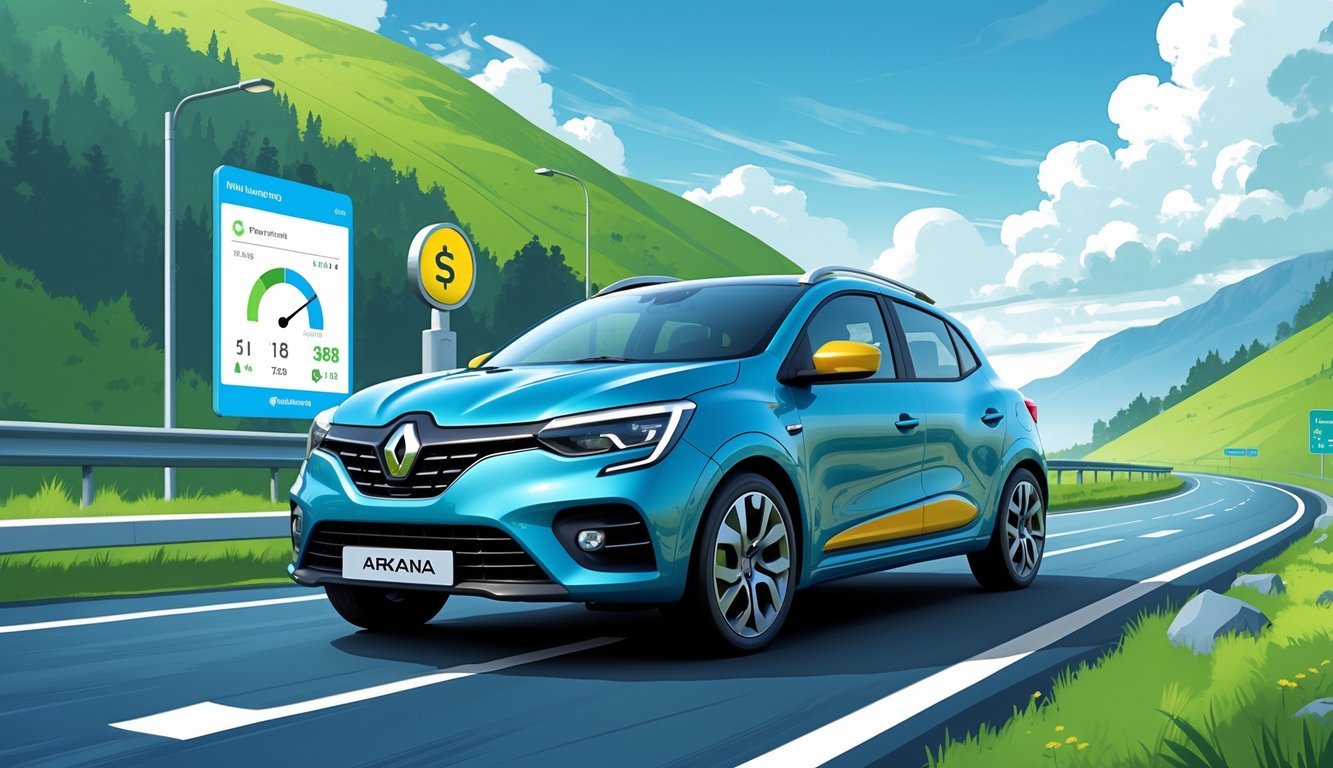 Renault Arkana na cesti s prikazom potrošnje goriva i troškova vožnje kroz grafičke simbole.