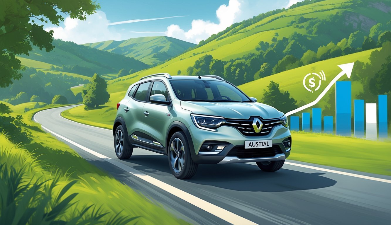 Renault Austral SUV vozi cestom okruženom zelenilom i brežuljcima, s grafičkim prikazom potrošnje goriva i troškova vožnje.