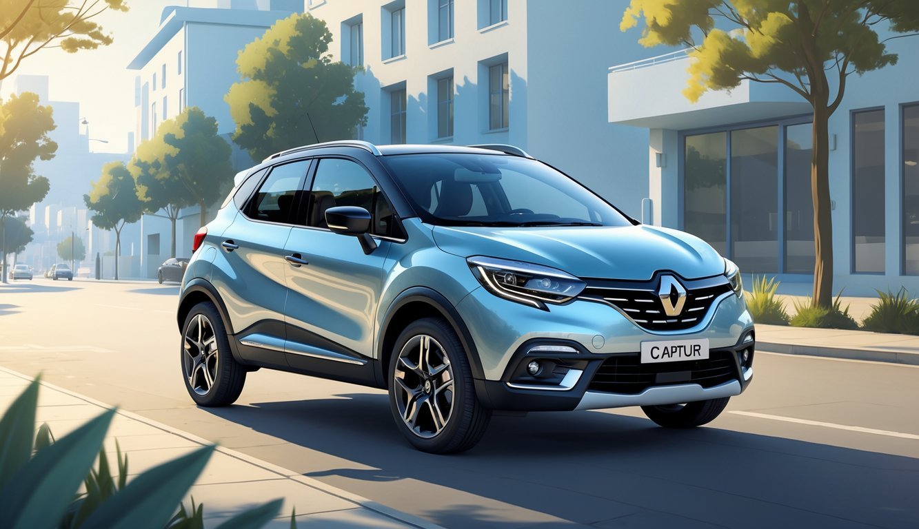 Renault Captur parkiran na gradskoj ulici s modernim zgradama u pozadini.