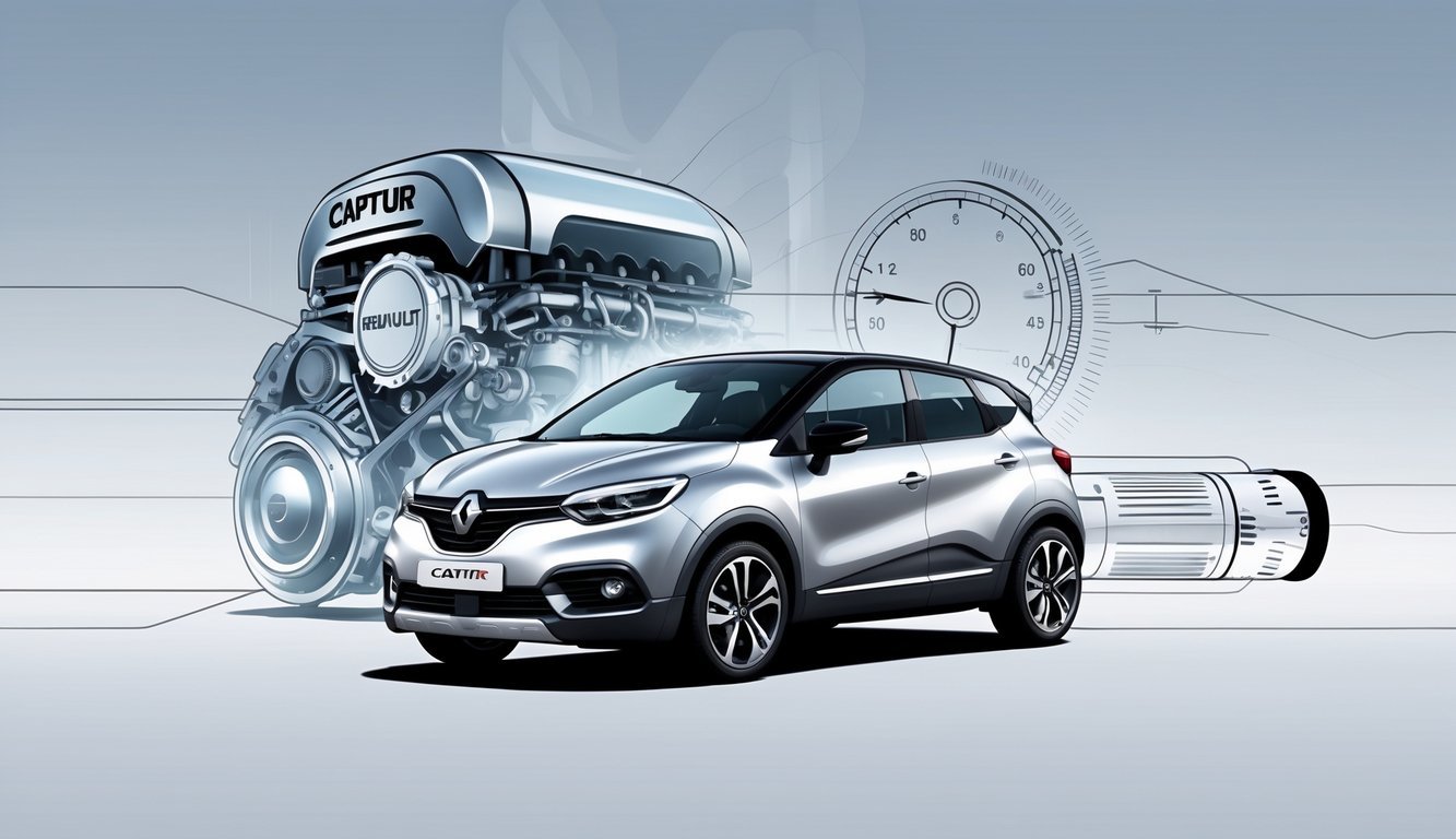 Renault Captur automobil prikazan s otvorenim prikazom motora i mjenjača, uz grafičke prikaze performansi.