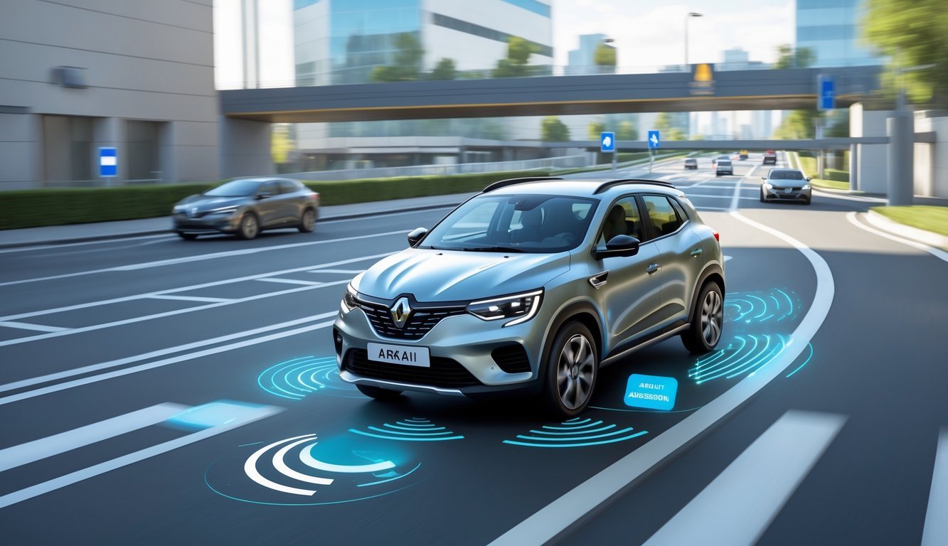 Renault Arkana na gradskoj cesti s prikazom sigurnosnih i pomoćnih sustava za vozača.