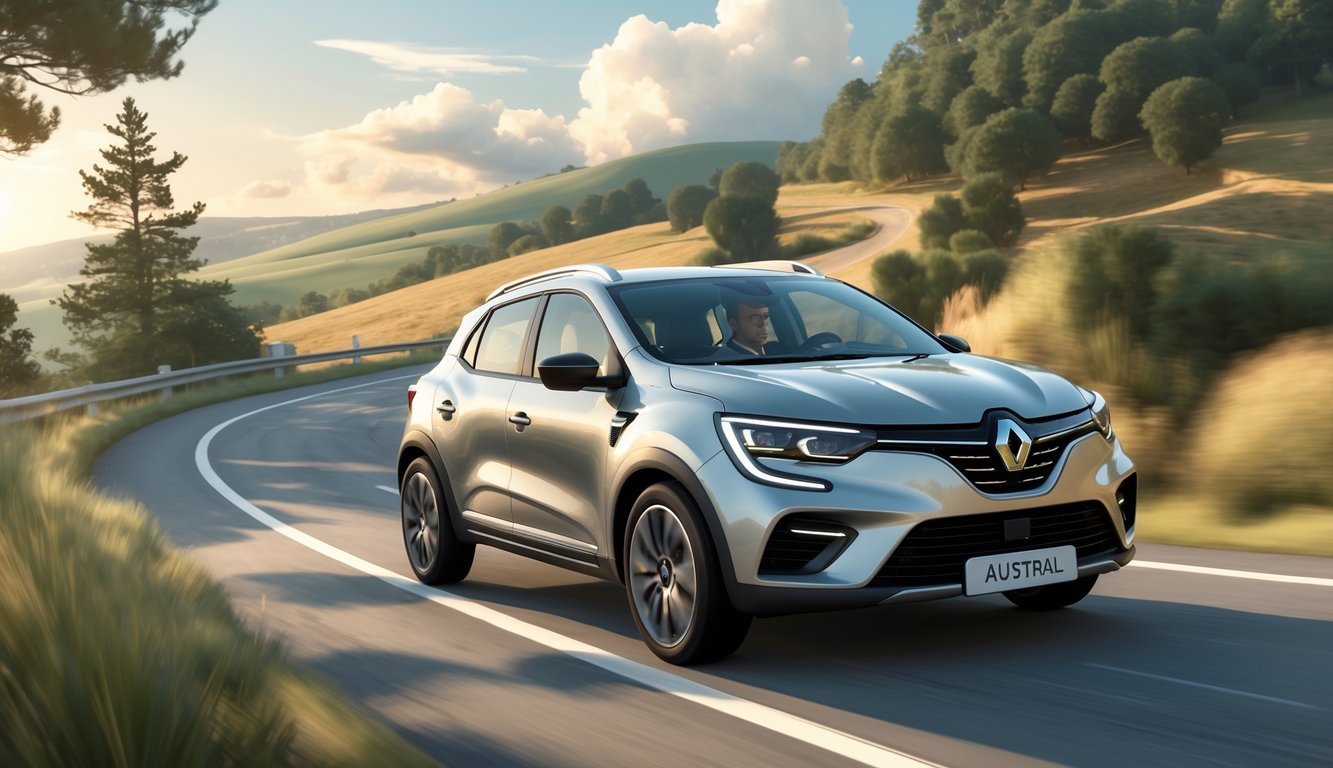 Renault Austral na vijugavoj cesti s vidljivim dijelovima ovjesa, vozač u automobilu vozi mirno kroz prirodni krajolik.