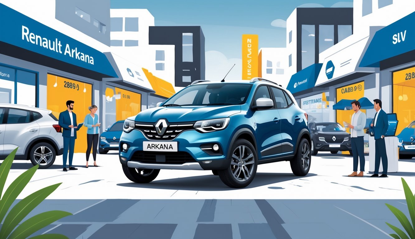 Prikaz Renault Arkana automobila u gradskom okruženju s ljudima koji ga pregledavaju i elementima koji simboliziraju opremu i tržište rabljenih vozila.