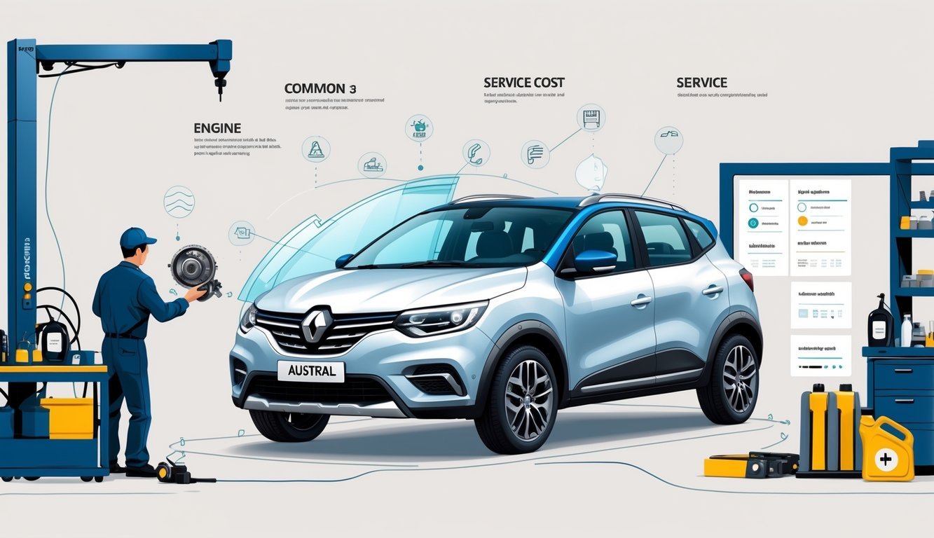 Automobil Renault Austral s istaknutim dijelovima motora i ovjesa, mehaničar koji pregledava vozilo u radionici te simboli koji prikazuju uobičajene kvarove i troškove servisa.