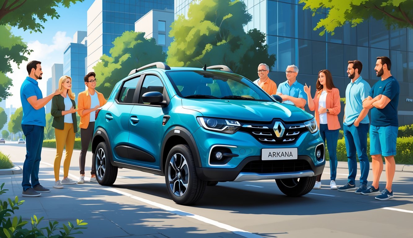 Grupa ljudi okupljena oko Renault Arkane na gradskoj ulici, razgovaraju o svojim iskustvima s automobilom.