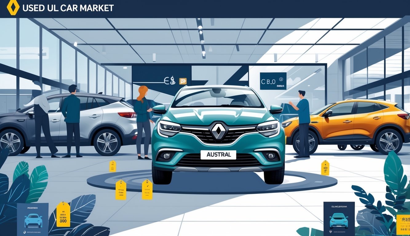 Prikaz Renault Australa u prodajnom salonu s ljudima koji pregledavaju automobile i elementima opreme i cijena oko vozila.