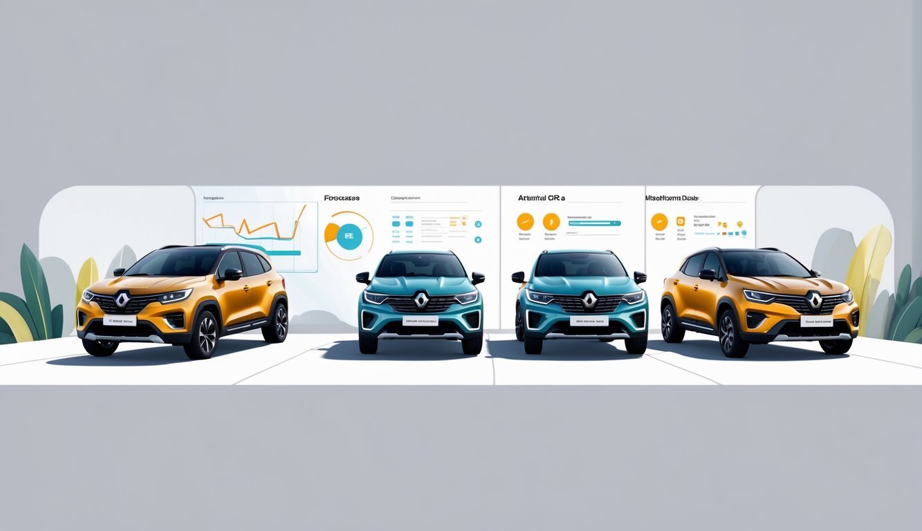 Prikaz nekoliko suv vozila postavljenih usporedno, s naglaskom na Renault Arkana, bez teksta.