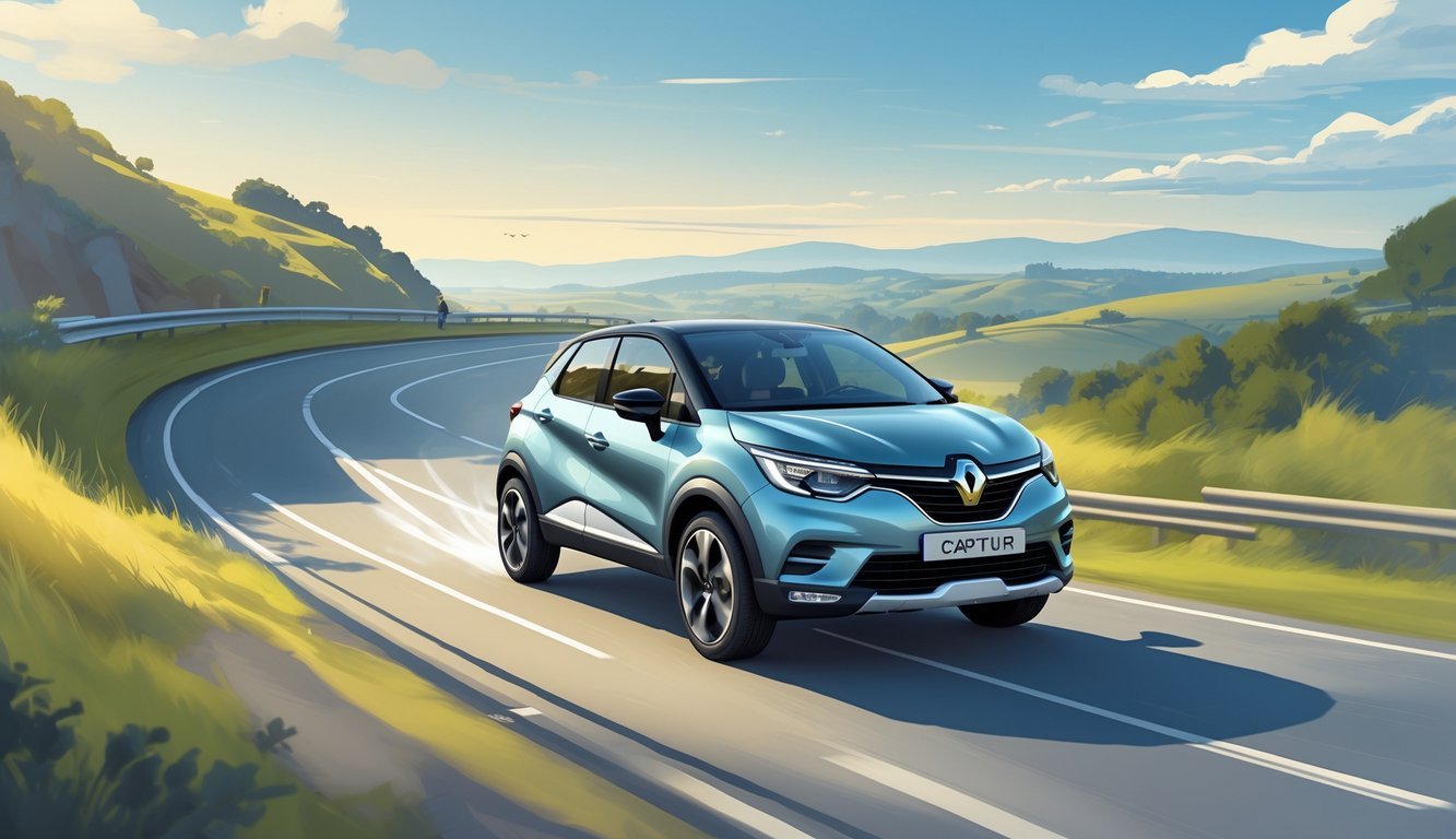 Renault Captur na vijugavoj cesti okružen prirodom, prikazan u pokretu koji naglašava glatku vožnju i stabilnost.