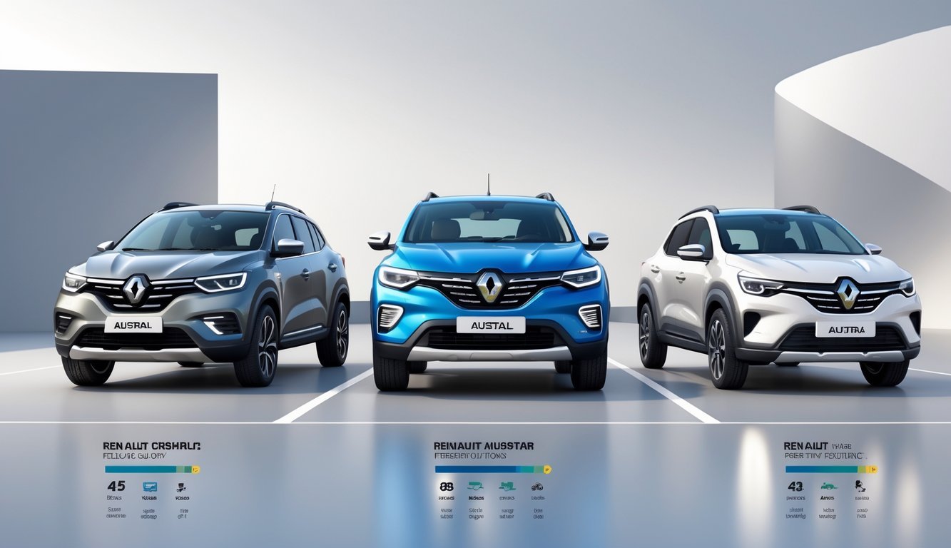Tri SUV vozila postavljena jedno do drugog radi usporedbe, s Renault Australom u sredini i dva konkurentska modela sa strane.