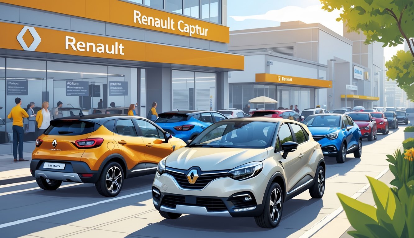 Više rabljenih Renault Captur automobila parkiranih i u vožnji u urbanom okruženju ispred auto salona, s ljudima koji pregledavaju vozila.