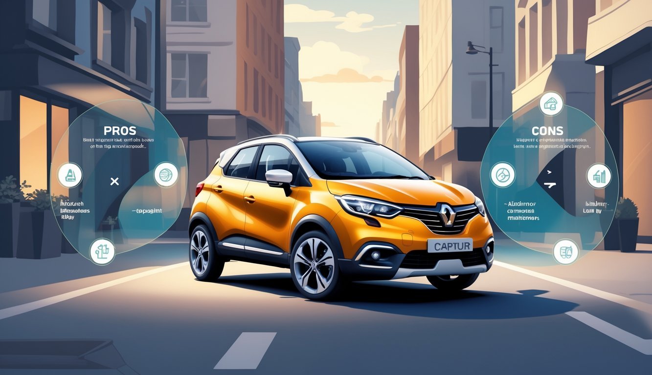 Renault Captur automobil na gradskom ulici s prikazom njegovih prednosti i mana kroz simbole oko vozila.