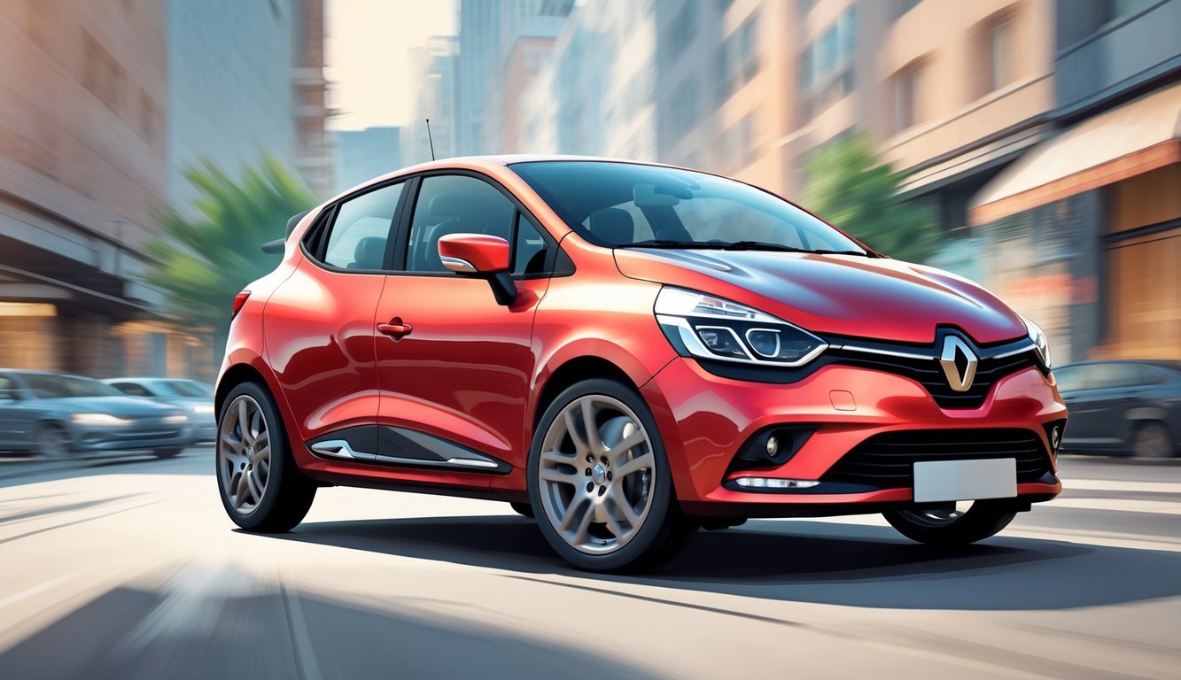 Renault Clio automobil parkiran na gradskoj ulici s zgradama u pozadini.