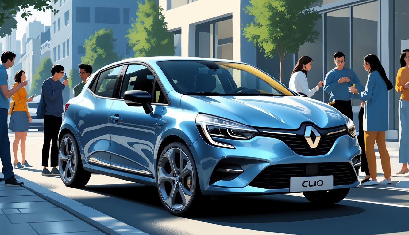 Renault Clio parkiran na gradskoj ulici s ljudima oko njega i zgradama u pozadini.