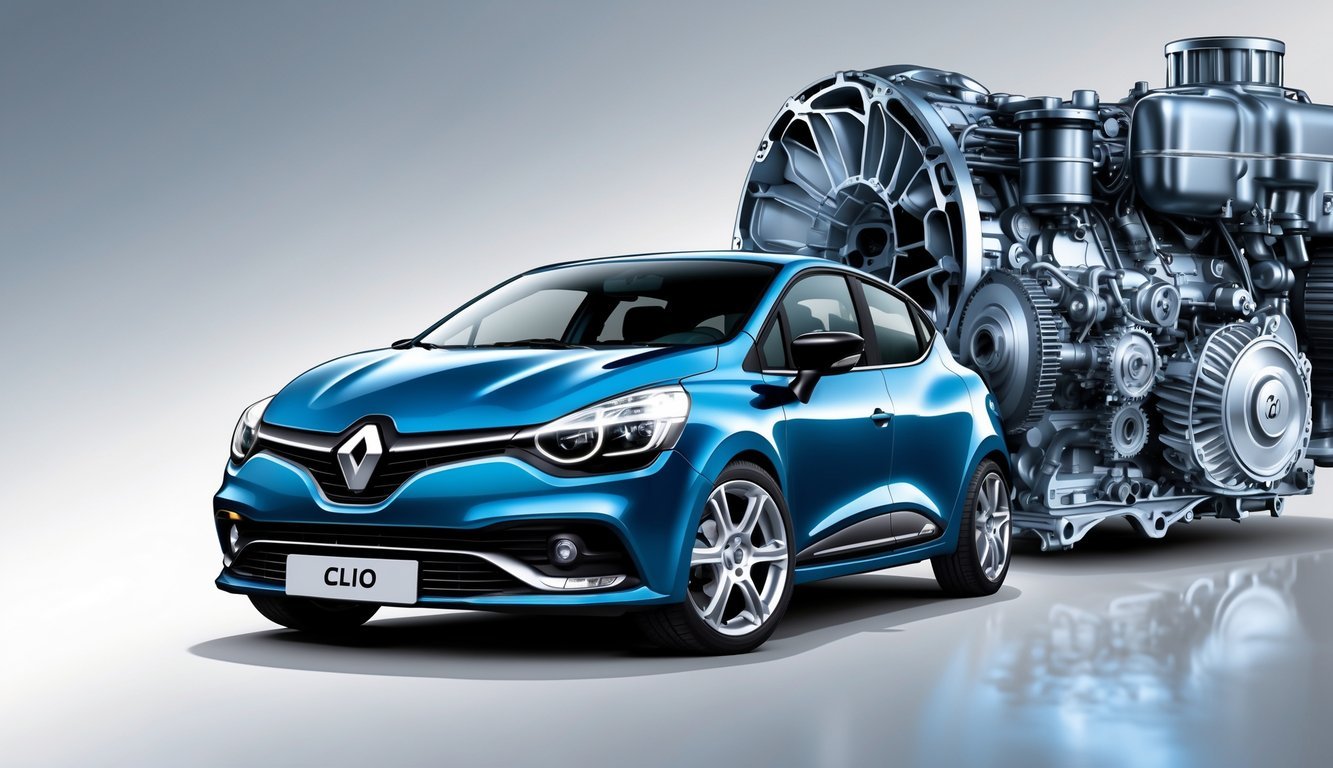 Prikaz Renault Clio automobila s vidljivim motorom i mjenjačem.