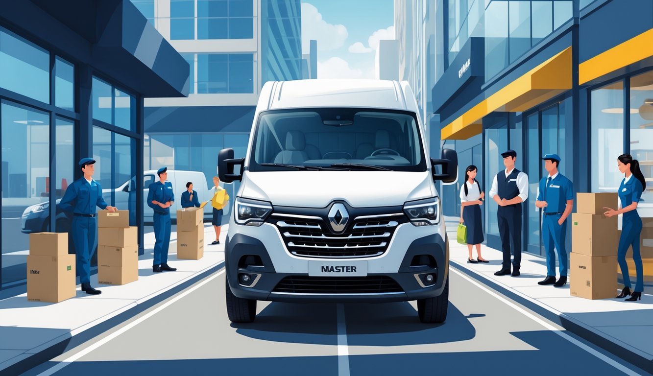 Renault Master kombi parkiran u gradskom okruženju s ljudima oko njega koji ga koriste za posao.