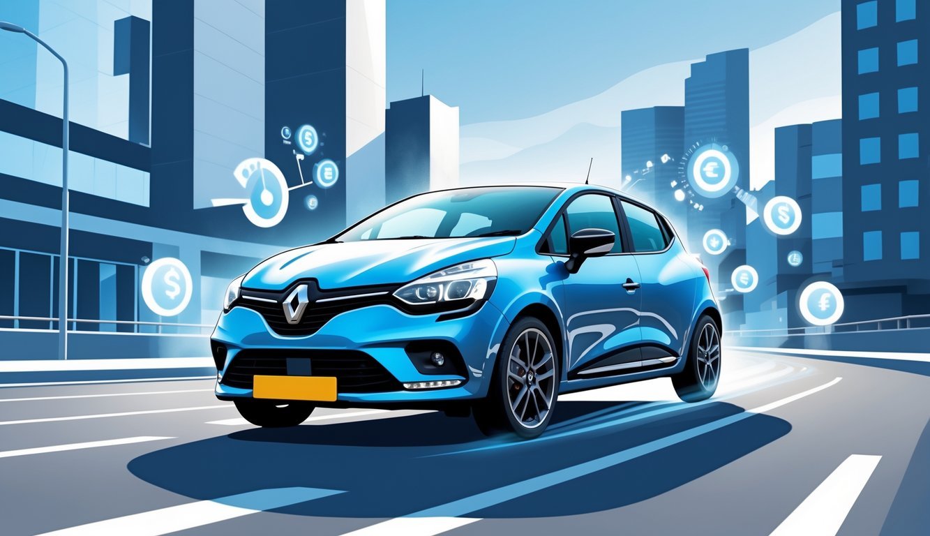 Renault Clio na gradskoj cesti s grafičkim prikazima potrošnje goriva i troškova vožnje.