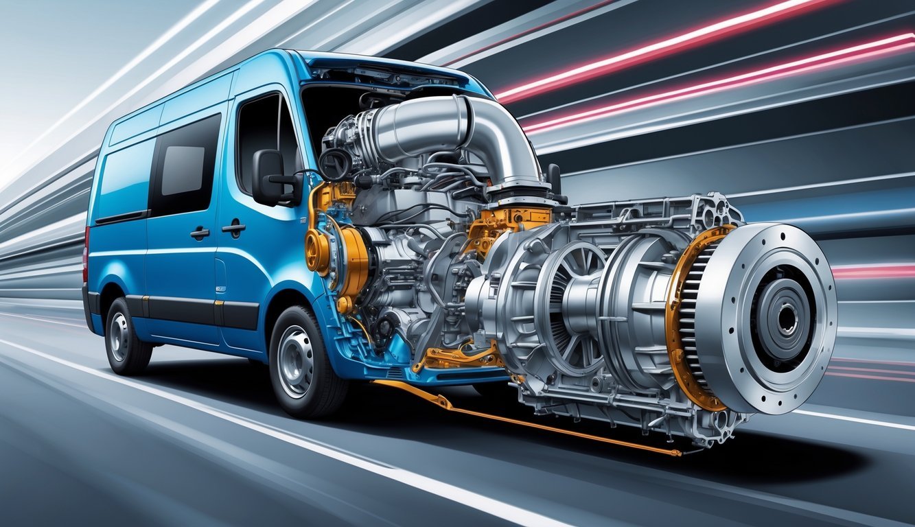 Prikaz unutrašnjih dijelova motora i mjenjača Renault Master vozila s cestom u pozadini.