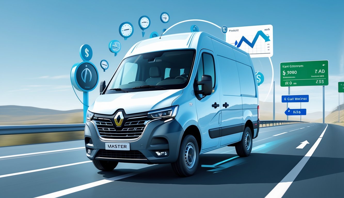 Renault Master kombi na cesti s ikonama koje prikazuju potrošnju goriva i ukupne troškove vožnje.