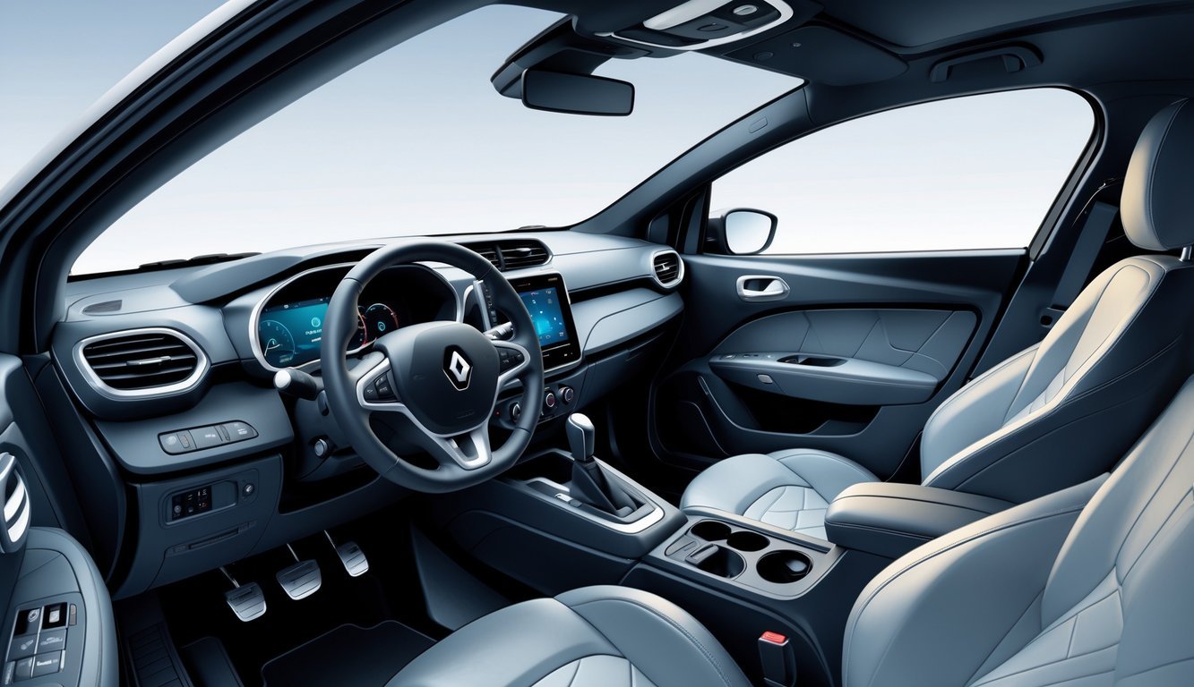 Unutrašnjost Renault Clio automobila s prikazom upravljača, sjedala i digitalnog zaslona infotainment sustava.