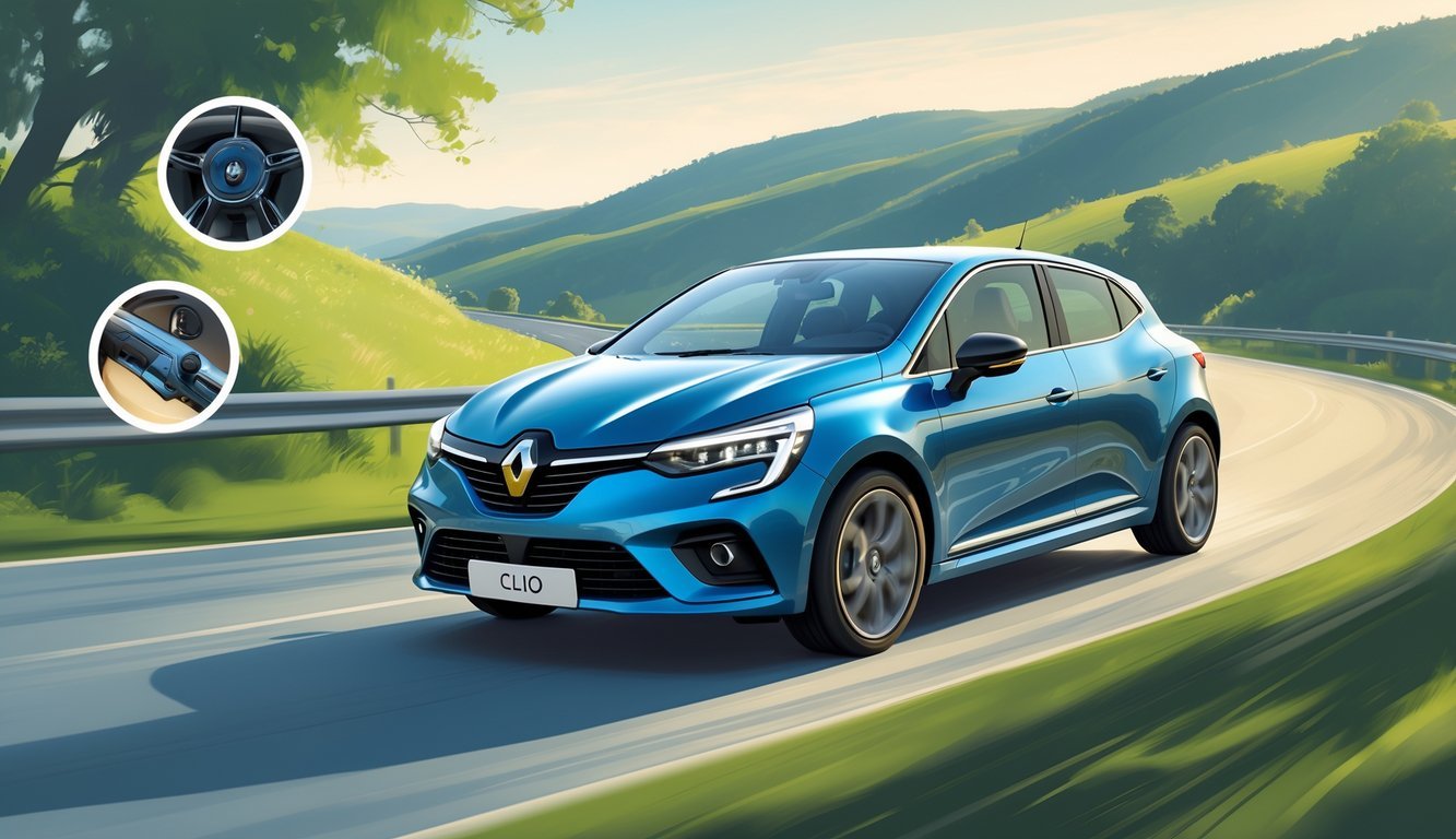 Renault Clio u vožnji na zavojitoj cesti okruženoj zelenilom i blagim brežuljcima.