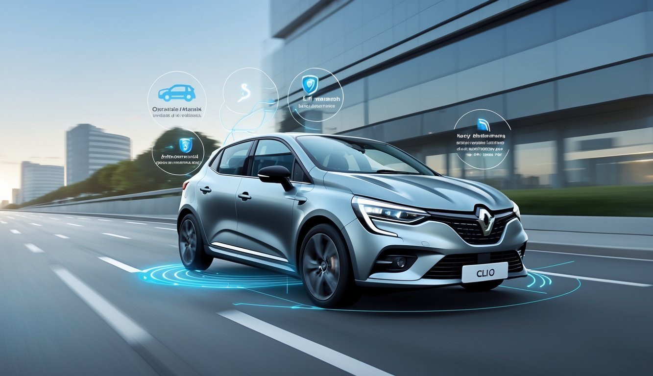 Renault Clio na cesti s prikazom sigurnosnih i pomoćnih sustava vozaču.
