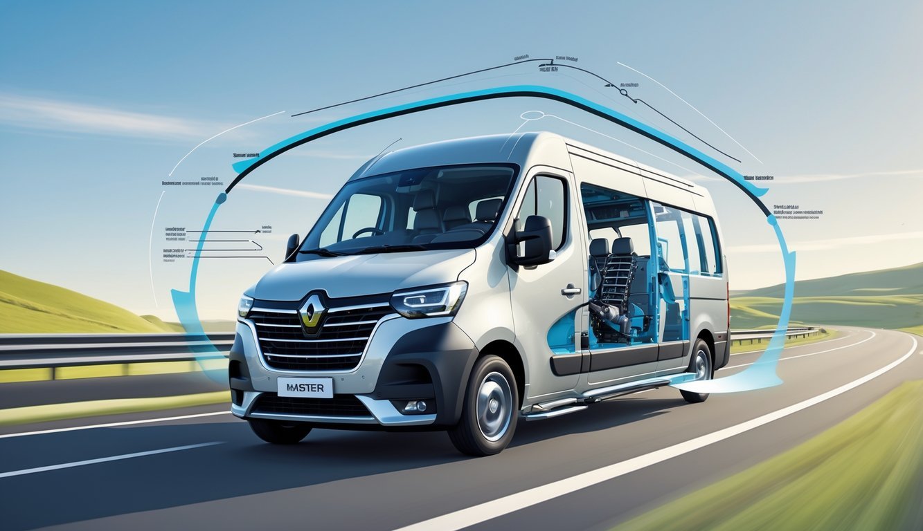 Renault Master vozilo u vožnji na cesti s prikazom ovjesa i elemenata koji ilustriraju vozačke osobine i osjećaj u vožnji.
