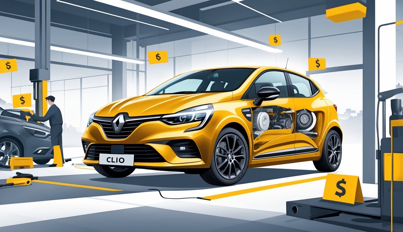 Renault Clio automobil s prikazom tipičnih kvarova i elemenata servisa u radionici.