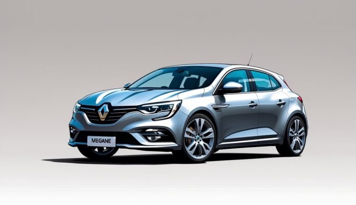 Crtež Renault Megane automobila prikazan s prednje strane u tri četvrtine na neutralnoj pozadini.