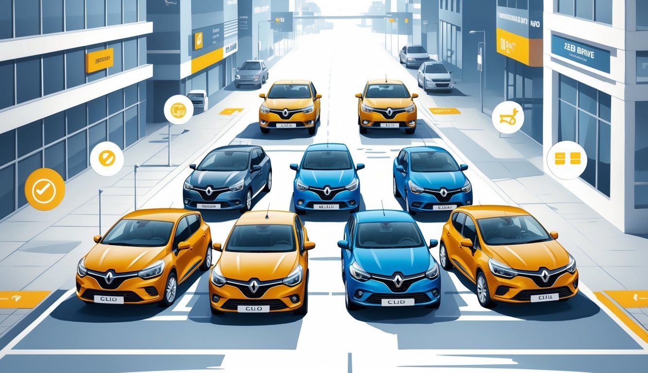 Prikaz nekoliko rabljenih Renault Clio automobila u gradskom okruženju s elementima koji simboliziraju cijene, opremu i tržište.