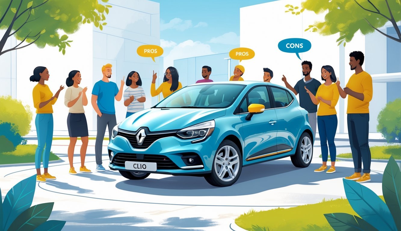 Grupa ljudi okupljena oko Renault Clio automobila, razgovaraju i razmjenjuju iskustva o vozilu.