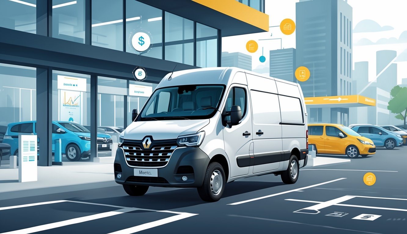 Renault Master kombi parkiran u gradskom okruženju s grafičkim prikazima cijena, opreme i tržišnih pokazatelja u pozadini.