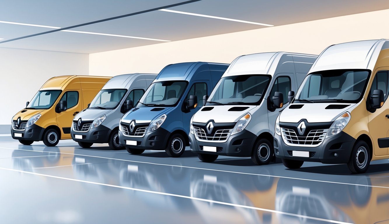 Prikaz nekoliko komercijalnih kombija parkiranih u nizu, uključujući Renault Master i konkurentske modele, na čistom podu izložbenog prostora.