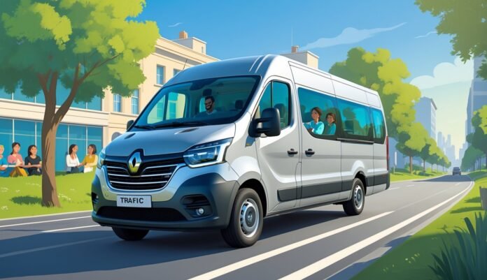 Renault Trafic putnički kombi vozi gradskom cestom s nekoliko putnika koji razgovaraju kroz prozore.