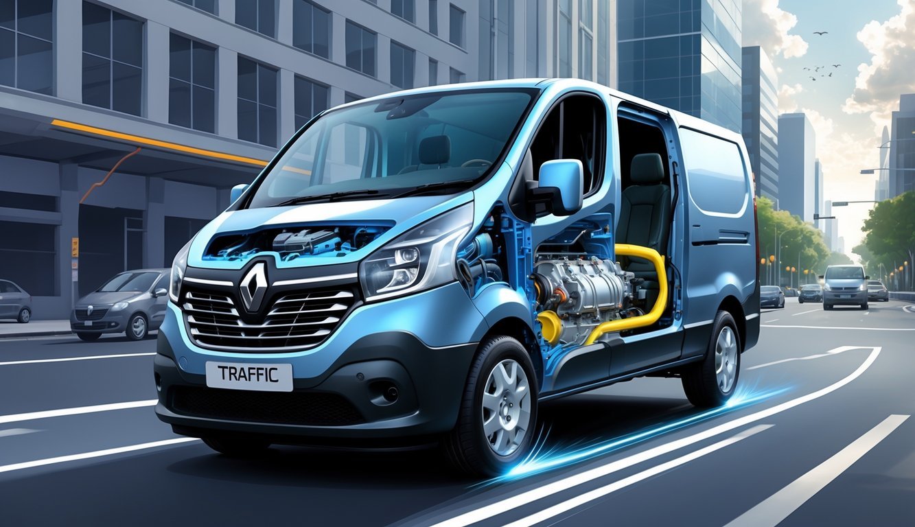 Renault Traffic putnički kombi prikazan s otvorenim prikazom motora i mjenjača u gradskoj ulici.