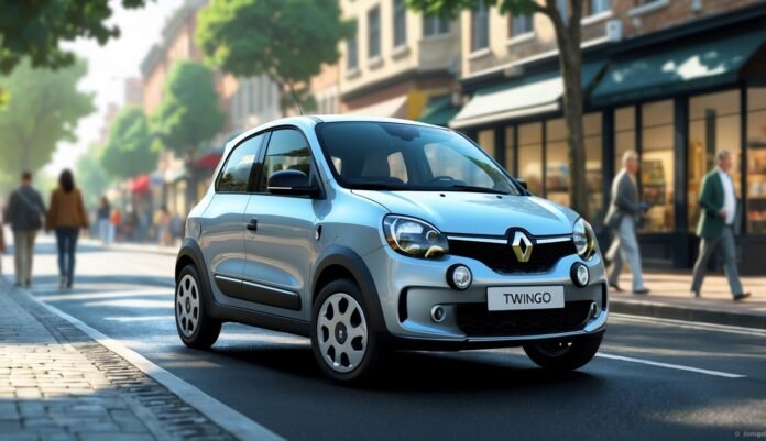 Renault Twingo parkiran na gradskoj ulici s ljudima i zgradama u pozadini.