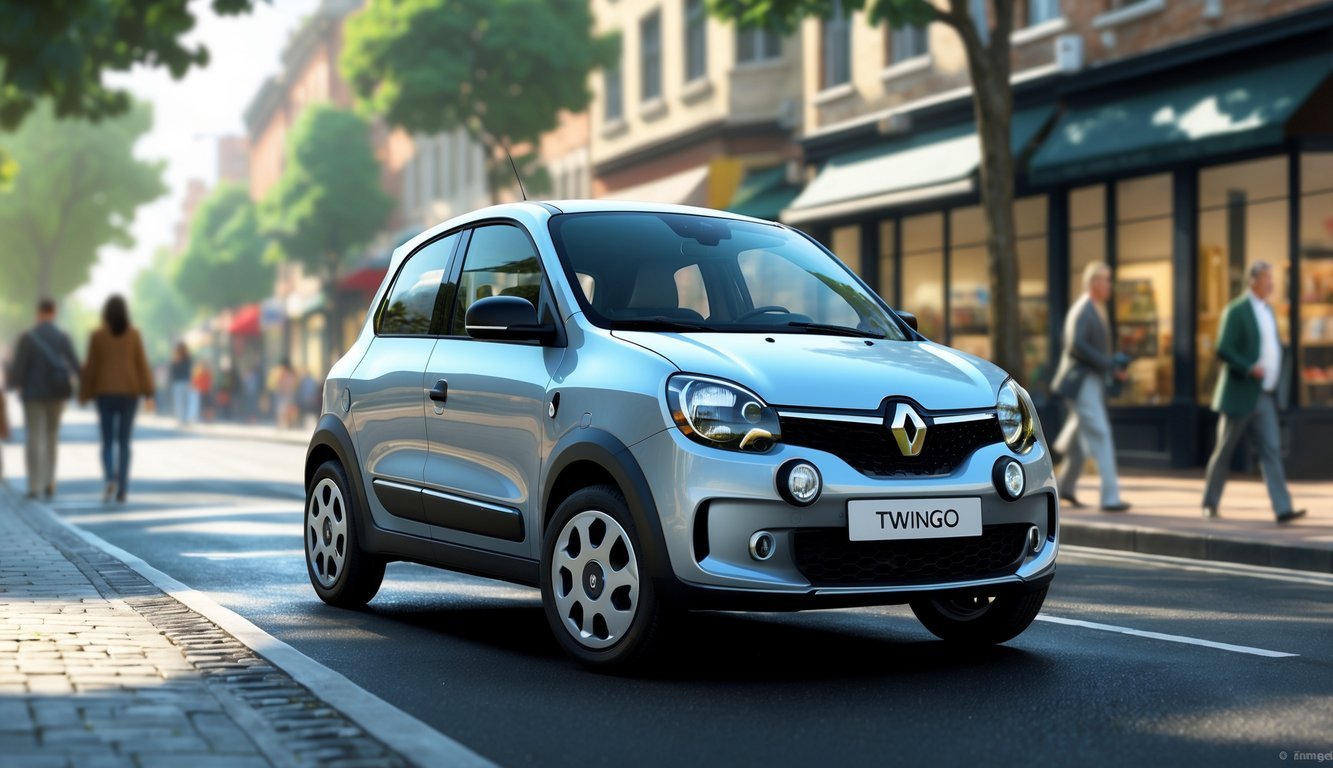 Renault Twingo parkiran na gradskoj ulici s ljudima i zgradama u pozadini.