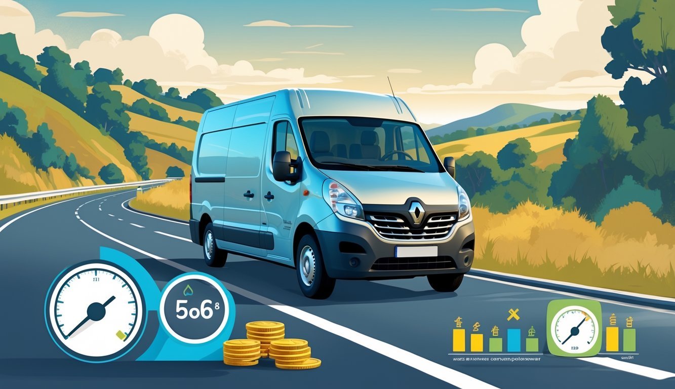 Renault Trafic putnički kombi na cesti okružen prirodom s grafičkim prikazima potrošnje goriva i troškova vožnje.