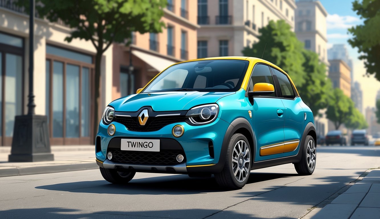 Renault Twingo parkiran na gradskoj ulici s zgradama i drvećem u pozadini.