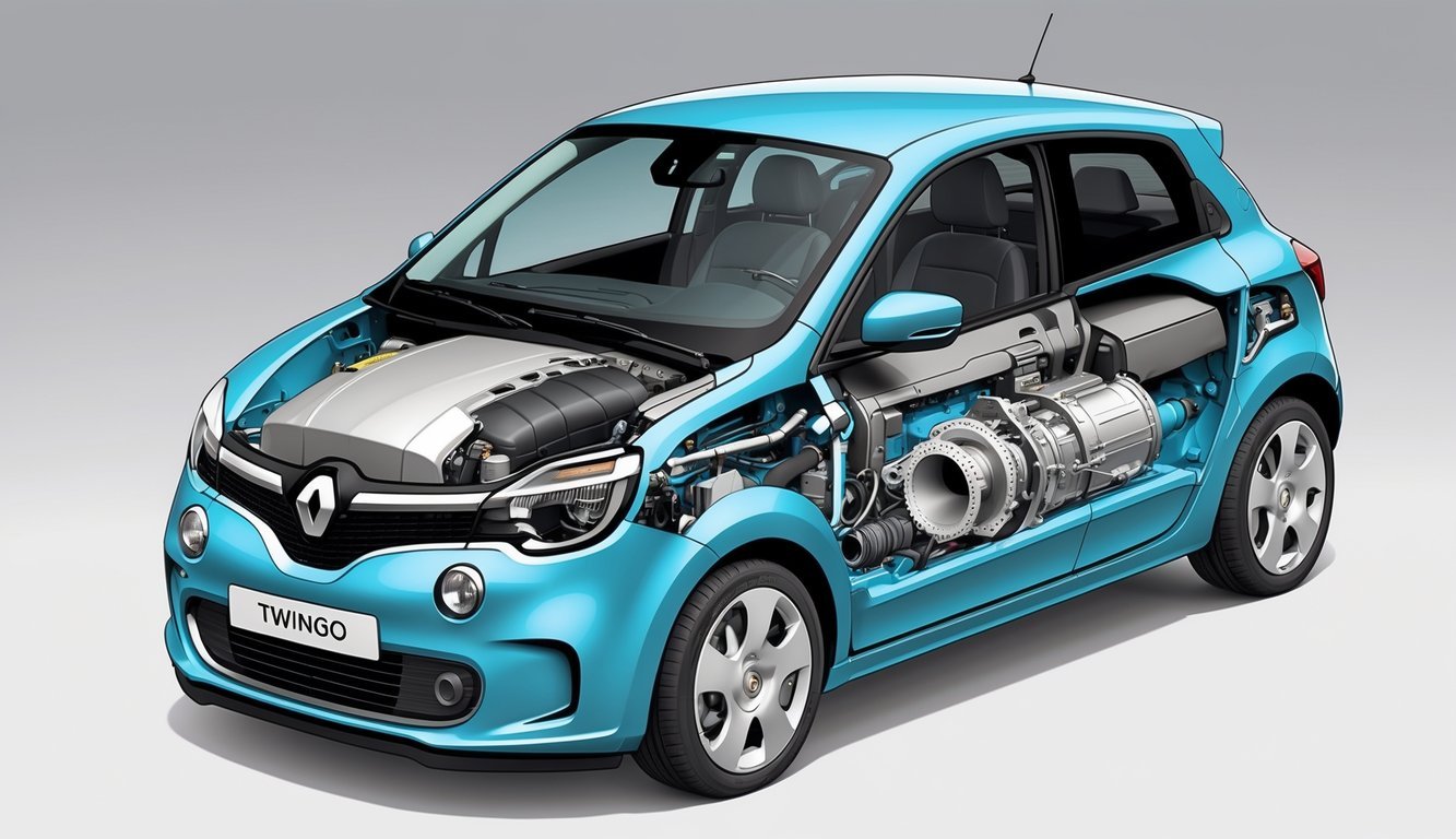 Prikaz unutarnjih dijelova motora, mjenjača i izvedbe Renault Twinga.