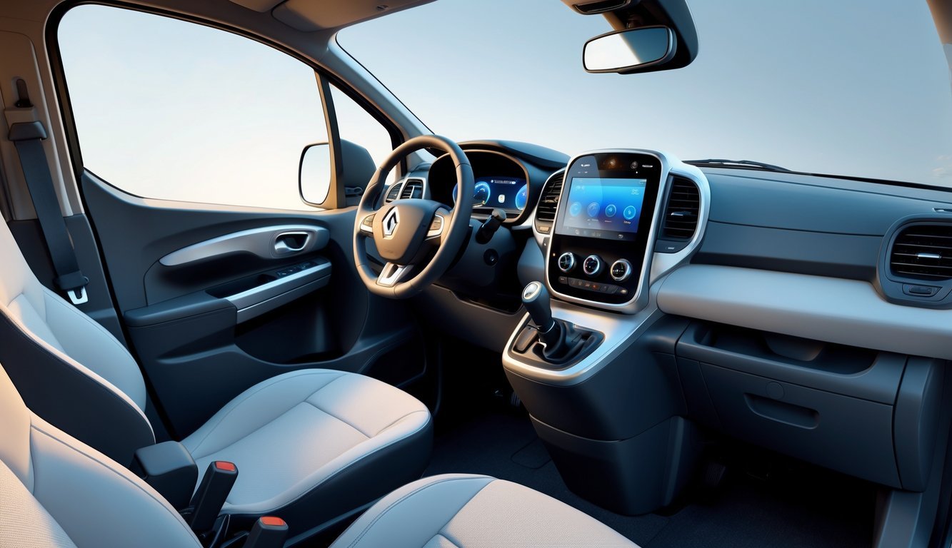 Unutrašnjost putničkog vozila Renault Traffic s prikazom sjedala, upravljača i zaslona infotainment sustava.