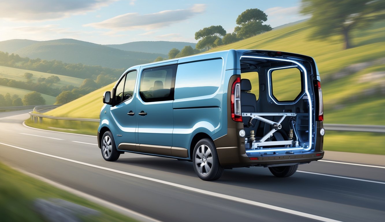 Renault Trafic putnički kombi u vožnji kroz prirodni krajolik s vidljivim dijelom ovjesa i vozačem koji izgleda opušteno.