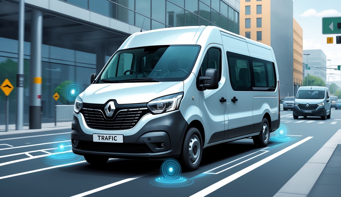 Renault Trafic putnički kombi na gradskoj ulici s prikazom sigurnosnih i pomoćnih sustava za vozača.