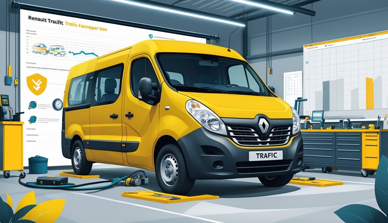 Renault Traffic putnički kombi u garaži dok mehaničar pregledava motor i alate, s prikazom dijelova vozila i simbola koji predstavljaju pouzdanost i troškove servisa.