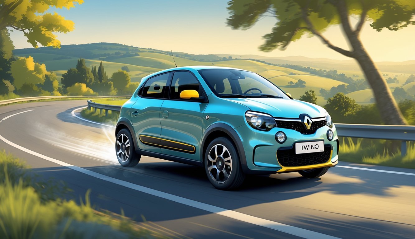 Renault Twingo na vijugavoj cesti u prirodnom krajoliku, prikazan u pokretu s naglaskom na udobnu vožnju i stabilnost.