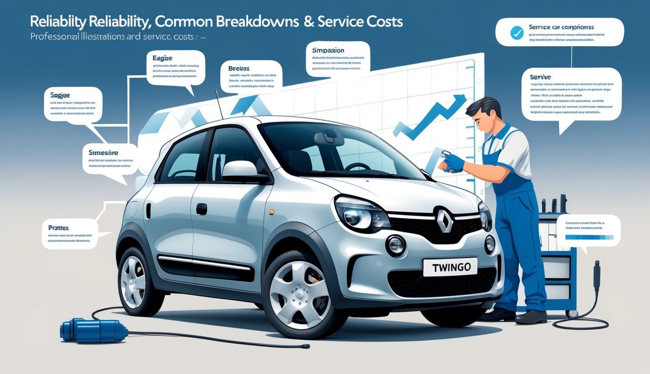 Renault Twingo automobil okružen ilustracijama tipičnih kvarova i mehaničar koji ga pregledava uz grafikon troškova servisa u pozadini.