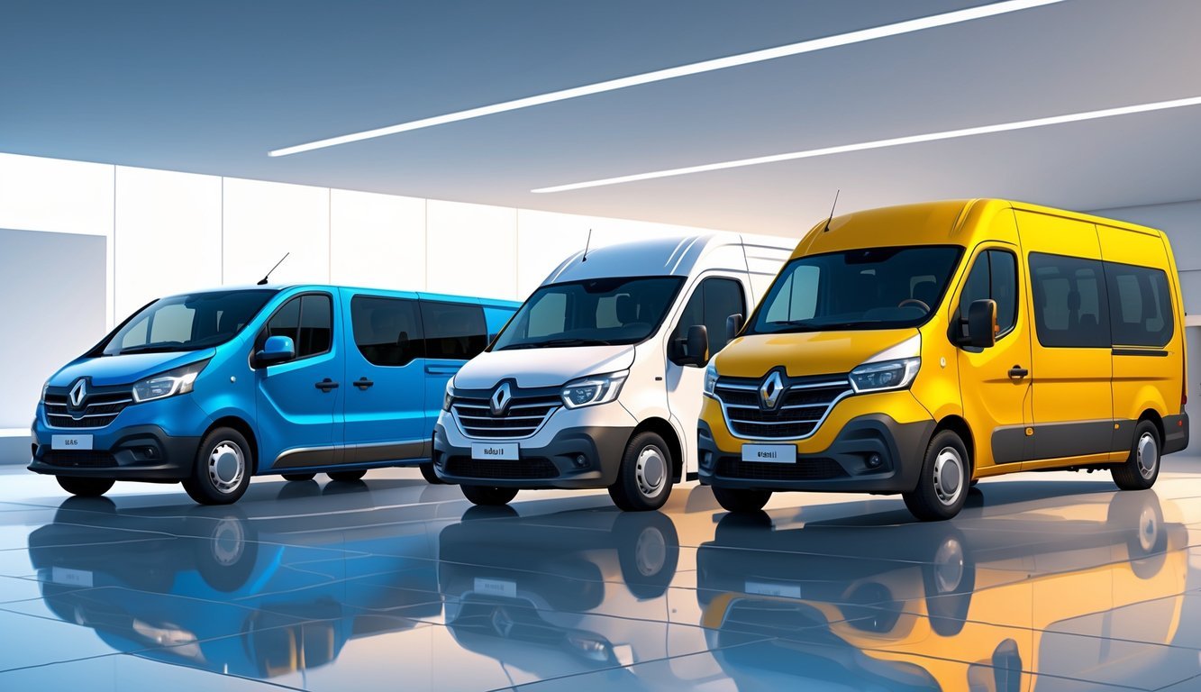 Tri putnička kombija parkirana jedan do drugog u svijetlom prostoru, prikazujući različite modele i dizajne.