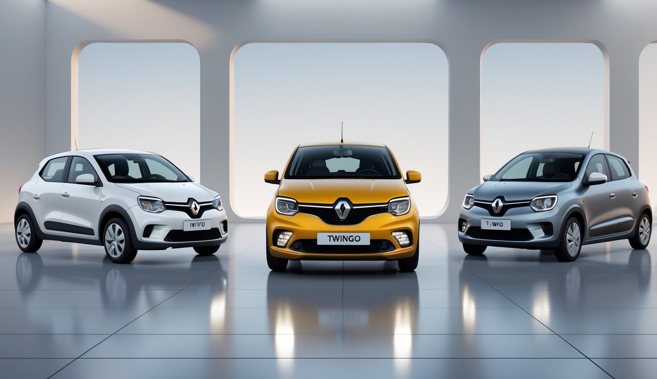 Tri kompaktna gradska automobila postavljena jedan do drugog u izložbenom prostoru, s Renault Twingom u sredini i dva druga modela s obje strane.