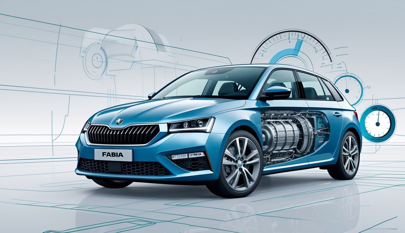 Prikaz automobila Škoda Fabia s vidljivim motorom i mjenjačem te pokazateljima performansi.